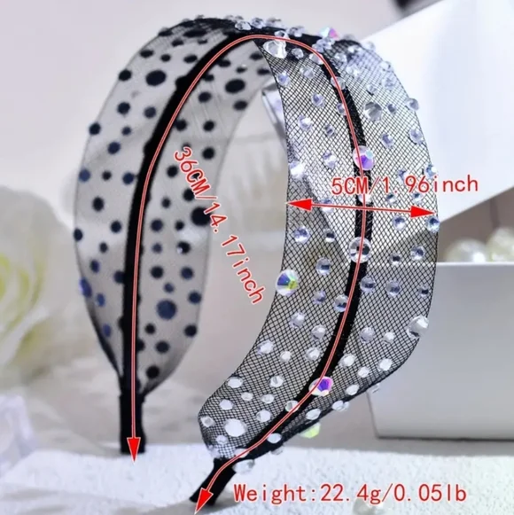 Rhinestone Wide Headband, Black Mesh, Crystal Rhinestones NEW - Picture 6 of 7